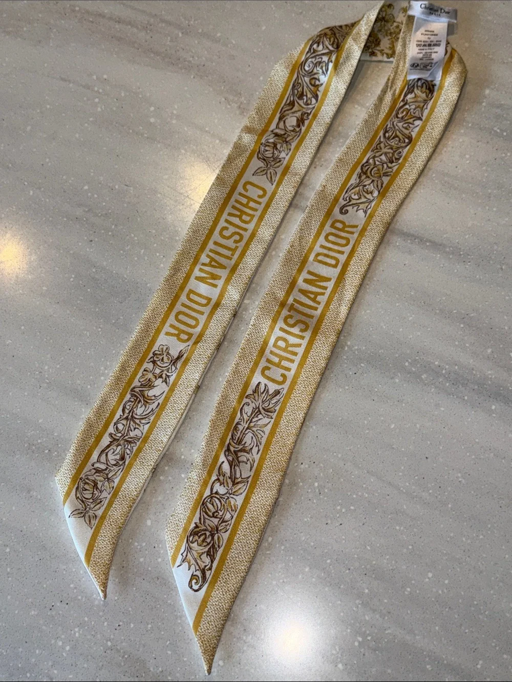 Authentic Dior Gold & White Logo Floral Silk Mitzah Scarf